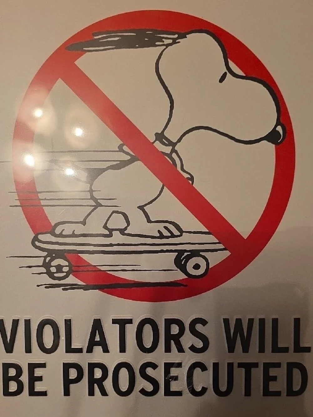 Peanuts Snoopy Skateboarding Prohibited Sign - Red and White
